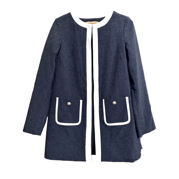Karl Lagerfeld Blazer Navy Small Long Jacket White Contrast Trim Lined Pockets - Picture 2 of 15